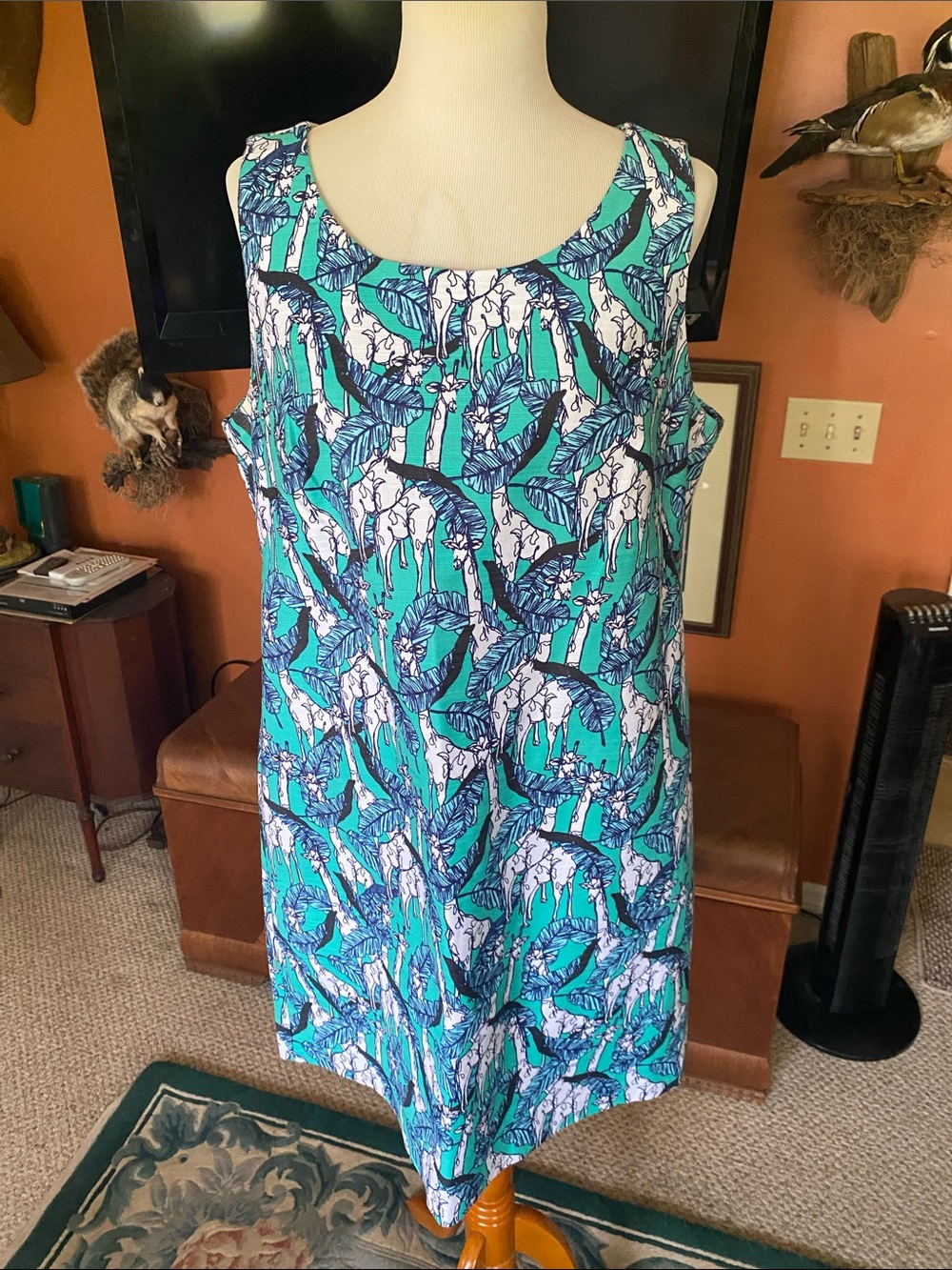 SLEEVELESS Cotton Dress in Teal Leaf & Giraffe Print